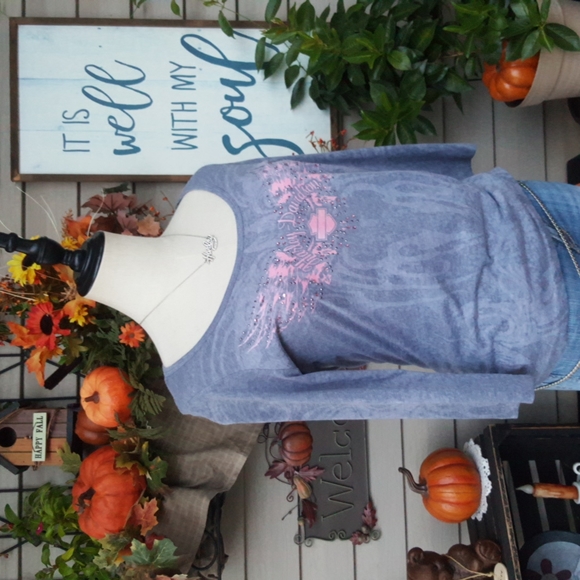 HARLEY-DAVIDSON ♡ Gray|Pink Embellished Rhinestones Detailed Graphics H-D Top S - Picture 3 of 10